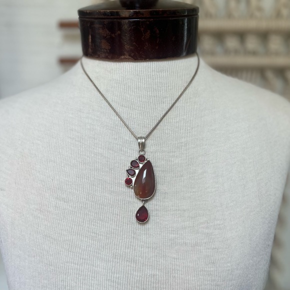Jewelry - Silver plated/silver red stone pendant on a sterling silver chain